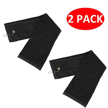 2 Pack Golf Fold Towel with Metal Carabiner Clip Sports Hiking Black 12inch x 16inch