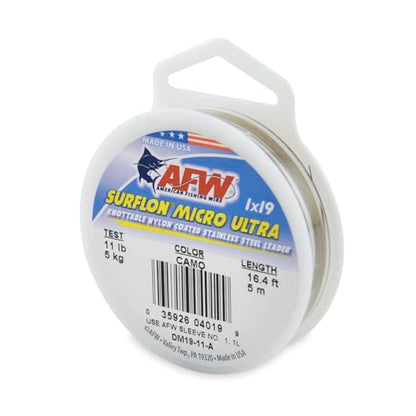 American Fishing Wire Surflon Micro Ultra Nylon Coated 1x19 Stainless Steel Leader Wire - Knottable Fishing Leaders Saltwater & Fly Fishing, 6lb Test - 61lb Test, Bright, Black & Camo Colors - color: Camo, style: 5 Meter, 11 Pound Test