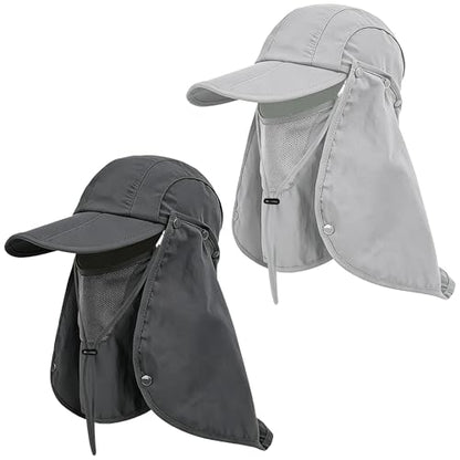 2Pack Men’s Foldable Sun Hat with Removable Face Mask & Neck Flap, UPF 50+ UV Protection, Quick-Drying Outdoor Fishing Cap - color: Dark Grey+light Grey