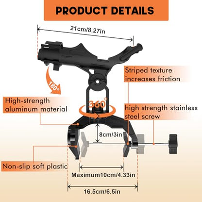 Aluminum Boat Fishing Rod Holder with V-Clamp Mount | 360-degree rotation, V-shaped clamp for round or square rails. Universal open cradle for spinning, casting and fly reels.