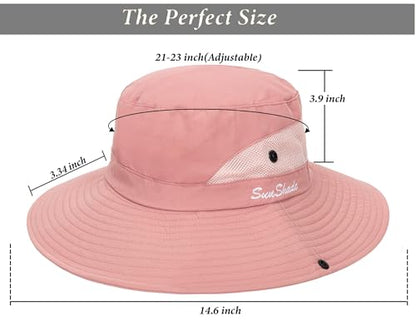 Sun Hat for Women Summer UV Protection Beach Hat Wide Brim Mesh Bucket Fishing Hat with Ponytail Hole Foldable Packable Hat - color: Pure Pink(with Ponytail Hole)