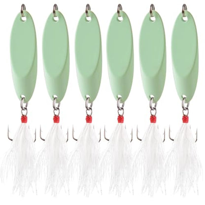 6PCS Fishing Jigs Lures Saltwater Luminous Fishing Spoons Lure Metal Treble Hooks Trout Lures Hard Metal Spinner Baits 5 Sizes Casting Spoon Hooks for Salmon Bass - size: 3/8oz (10g) - 6pcs