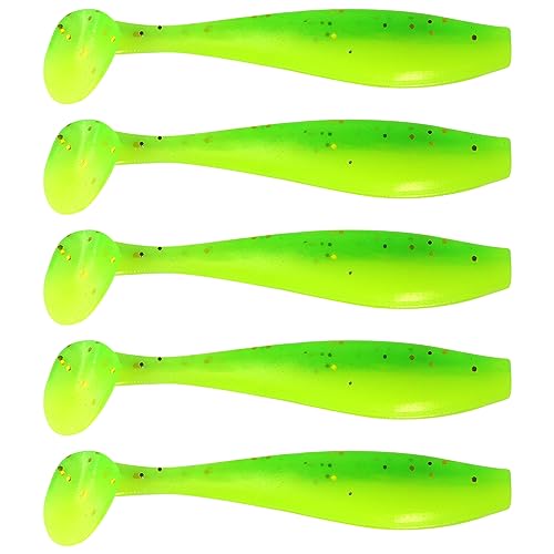 MAFIMOEA 50 Pcs Soft Fishing Lures Plastic Paddle Tail Swim Baits Kit for Bass Trout Walleye Crappie 5 Mixed Colors Fishing Soft Plastic Lure Kit 5.5CM - color: green