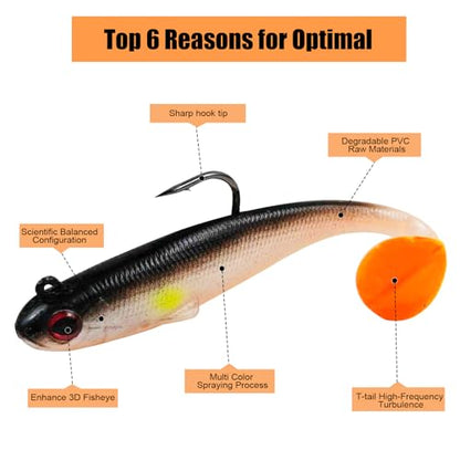 5 Pcs Pre-Rigged Soft Lures Swim Baits | Jig Head Paddle Tail Swimbaits for Bass Trout Walleye Freshwater and Saltwater