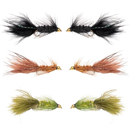 Woolly Bugger Fly Fishing Flies Assortment - Beadhead Streamer Wet Flies for Trout Bass Panfish - Hand-Tied Marabou Streamers for Rivers Lakes - size: 6 Pack – Size 6