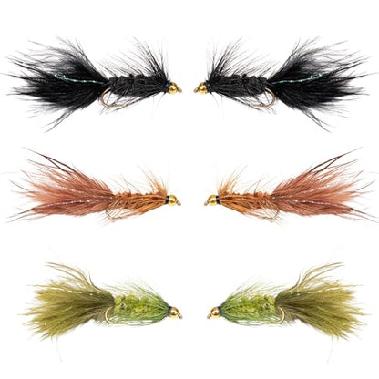 Woolly Bugger Fly Fishing Flies Assortment - Beadhead Streamer Wet Flies for Trout Bass Panfish - Hand-Tied Marabou Streamers for Rivers Lakes - size: 6 Pack – Size 6