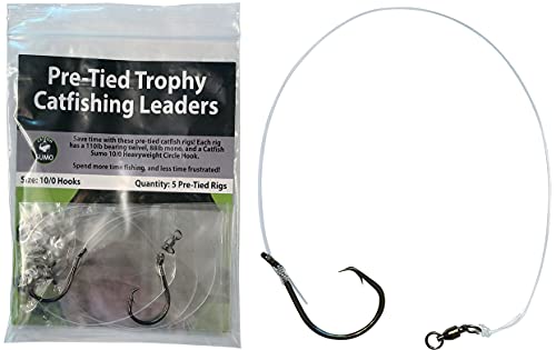 Heavyweight Catfish Hooks - Offset Octopus Circle Hooks - Pre-Tied Leaders, 5 Pack (10/0)