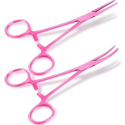BBTO Hemostat Curved and Straight Hemostat Forceps Piercing Pliers Forceps, Stainless Steel Straight and Curved Pliers, Fishing Tweezer(Pink,2 Pcs) - color: Pink