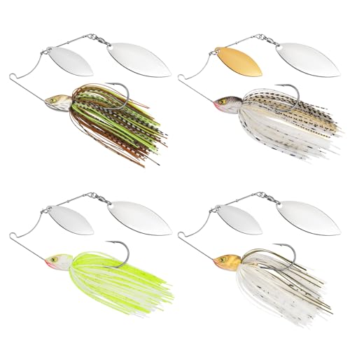 MadBite by KastKing Spinnerbait Fishing Lures, Bass Trout Salmon Walleye Stainless Steel Spinner Baits Kit, Saltwater Freshwater, 4 pcs - color: Clear Water - Double Willow, size: 3/8oz