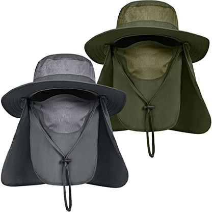 IYEBRAO Mens Outdoor Sun Hat with Face Neck Flap UV Protection Wide Brim Fishing Hat for Hiking Safari Gardening UPF 50+ - color: 2 Pack-dark Gray＆army Green