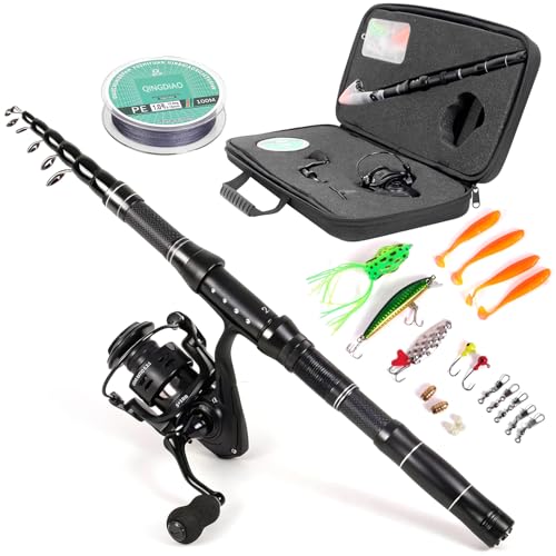 Telescopic Fishing Rod and Reel Combo, Carbon Fiber Collapsible Travel Fishing Pole Kit with Carrier Case & Lures, Anti-Jam Gear for Adults Men Beginners, Freshwater, Saltwater - size: 5.9 ft