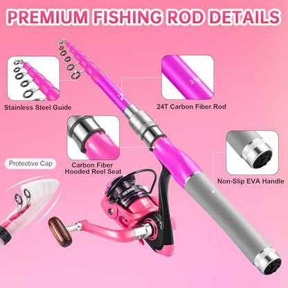 Fishing Rod and Reel Combos, Carbon Fiber Telescopic Fishing Pole Kit with Spinning Reel, Fishing Line, Fishing Lures, Travel Bag for Woman Girl Beginner Saltwater Freshwater - color: PINK