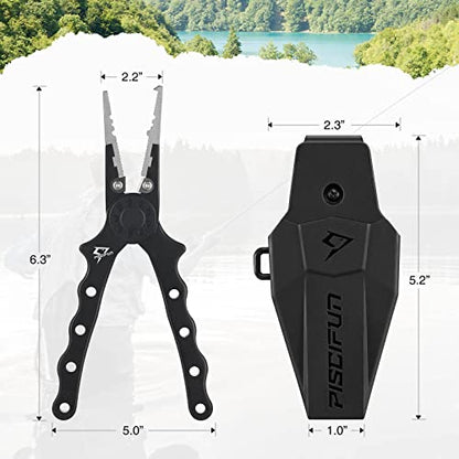Piscifun Saltwater Fishing Pliers, Aluminum, Split Ring, Braid Cutter | Hook remover, tungsten carbide blade, spring-loaded jaws, ergonomic grip, sheath and lanyard - color: Black, style: Rubber Sheath