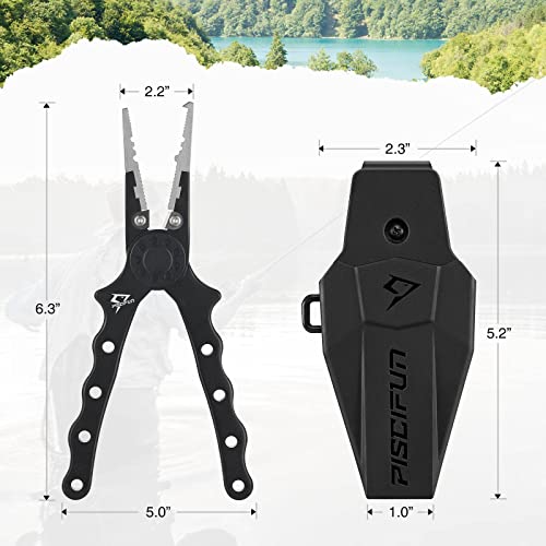 Piscifun Saltwater Fishing Pliers, Aluminum, Split Ring, Braid Cutter | Hook remover, tungsten carbide blade, spring-loaded jaws, ergonomic grip, sheath and lanyard - color: Black, style: Rubber Sheath