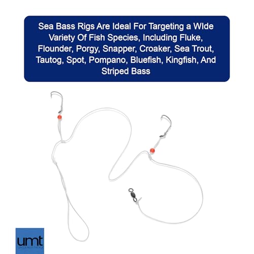 Sea Bass Hi/Lo Saltwater Fishing Rigs 1, 5 &10 Pack Bulk Options - Uncle Mo’s Tackle – Mustad Size 3/0 Bait Hook, 60lb Heavy Duty, 80lb Swivel & Sinker Loop, Hand Tied - for Fluke Porgy Snapper Croaker Sea Trout Tautog Spot Pompano - size: 10 Pack