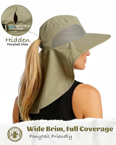 Camptrace Sun Hats for Women Men UPF 50+ UV Protection Wide Brim Hiking Fishing Hat with Neck Flap - color: 08-dark Khaki
