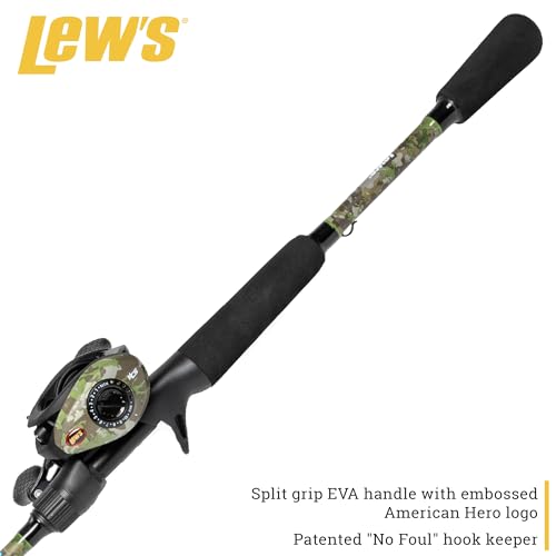 Lew’s American Hero Camo Baitcast Reel and Fishing Rod Combo, IM7 Graphite Rod, 5+1 Bearings, 7.5:1 Gear Ratio, One-Piece Graphite Frame, Camo/Black