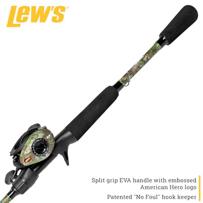 Lew’s American Hero Camo Baitcast Reel and Fishing Rod Combo, IM7 Graphite Rod, 5+1 Bearings, 7.5:1 Gear Ratio, One-Piece Graphite Frame, Camo/Black