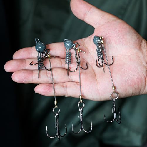 Fishing Rig with Weighted Jig Head and Treble Hook – Screw Lock Bait Keeper for Soft Lures, 3PCS Pack for Saltwater and Freshwater Fishing - size: 1/2oz, style: Double