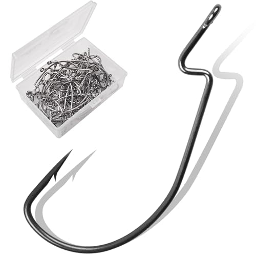 Bass Fishing Hooks 3X Strong Offset EWG Worm Hooks Jigs for Soft Plastic Bait Bass Trout Texas Rig 1-5/0 - size: 50PCS-1#
