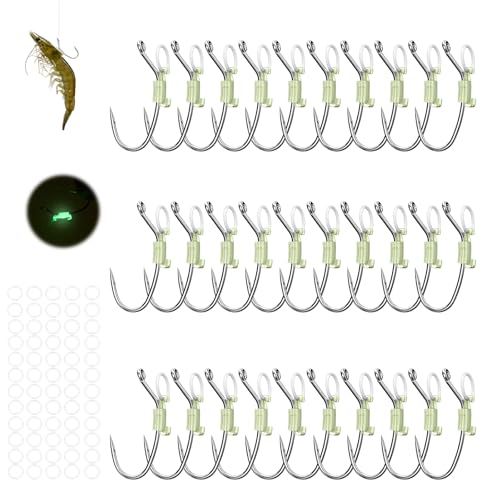 KANAMA Luminous Live Shrimp Hooks - High Carbon Steel Fishing Hooks Saltwater Corrosion Resistant Barbed Strong Hooks Freshwater Shrimp Walker, Ideal for Bass, Groupers, Pike, Catfish & More - size: M ×30