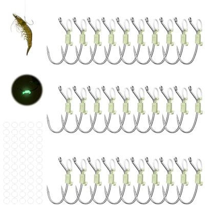 KANAMA Luminous Live Shrimp Hooks - High Carbon Steel Fishing Hooks Saltwater Corrosion Resistant Barbed Strong Hooks Freshwater Shrimp Walker, Ideal for Bass, Groupers, Pike, Catfish & More - size: M ×30