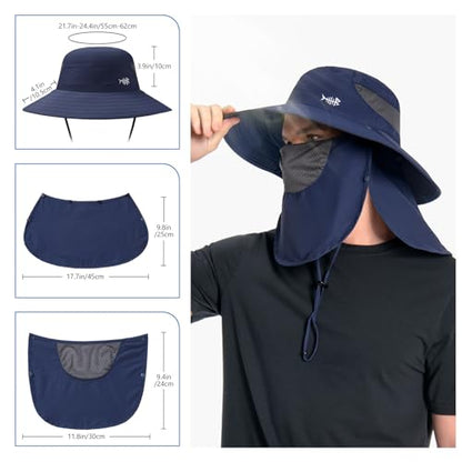 BASSDASH UPF 50+ Breathable Sun Hat with Removable Face Cover and Neck Flap Wide Brim Bucket Hat for Fishing Hiking Men Women - color: Dark Blue