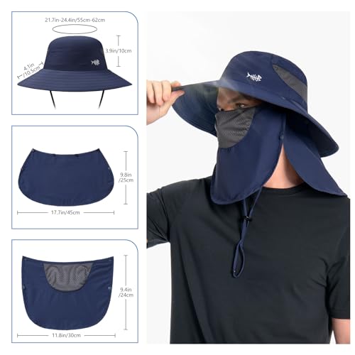 BASSDASH UPF 50+ Breathable Sun Hat with Removable Face Cover and Neck Flap Wide Brim Bucket Hat for Fishing Hiking Men Women - color: Dark Blue