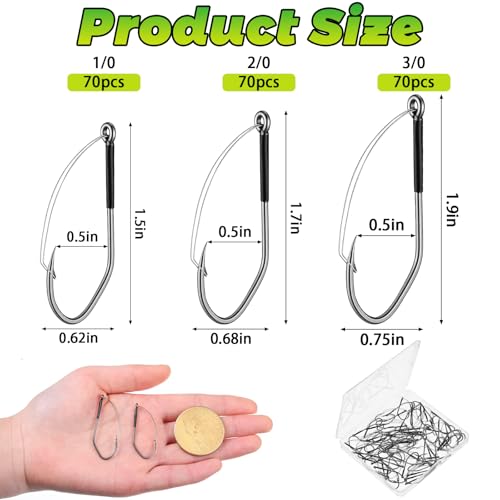 70 Pcs Weedless Wacky Rig Hooks Professional V Bass Fishing Worm Hooks Carbon Steel Fishing Lure Baits for Freshwater Saltwater - size: 2/0