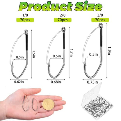 70 Pcs Weedless Wacky Rig Hooks Professional V Bass Fishing Worm Hooks Carbon Steel Fishing Lure Baits for Freshwater Saltwater - size: 2/0