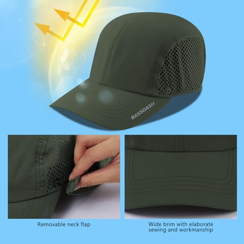 BASSDASH UPF 50+ Foldable Fishing Hat Baseball Cap with Removable Neck Flap Portable for Men Women Golf Hiking - color: Army Green With Unfoldable Brim