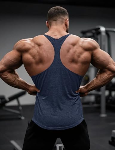 Muscle Cmdr Men's Bodybuilding Stringer Tank Tops Y-Back Gym Fitness Workout Training Running T-Shirts Athletic Quick Dry Top - color: 3-pack:black/Gray/Navy Blue, size: Small