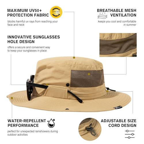 TOP-EX UVCoolix™ UV Protection Mens Sun Hat with Cooling Neck Flap Sunglass Lock Wide Brim Fishing Hats - color: Khaki, size: Medium-Large