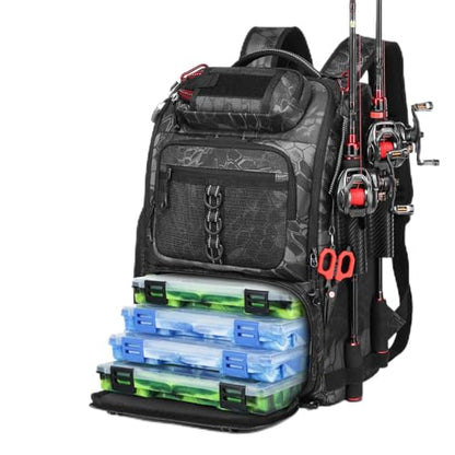 Fishing Tackle Backpack,Tackle Bag with 2 Rod Holders,Water-Resistant Large Storage Fishing Gear and Equipment (B-Black Camo) - color: B-Black Camo(Without tackle box)