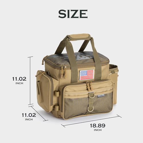 Ghosthorn Fishing Tackle Bag with Rod Holder Saltwater & Freshwater Resistant Tackle Box Bag - Adjustable Padded Shoulder Strap (Khaki) - color: Khaki, size: Standard