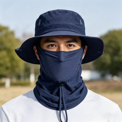 Fishing Hat with Summer Breathable Neck Gaiter, Wide Brim Sun Hat for Men & Women, Outdoor UV Sun Protection Hat & Face Mask - color: Dark Blue