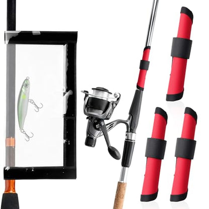 5 Pcs Fishing Hook Covers Set, 4 Red Lure Wraps for Fishing Rod and 1 Clear PVC Lures Protector, Rod Armour Lures Wrap, Bait Storage Protector Easily See Bait Glove to Keep Fishermen Safe