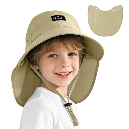 Kids Sun Hat with Detachable Neck Flap for Boys & Girls Wide Brim Fishing Hat for Kids Water Resistant UV Protection - color: 1 Pack-khaki