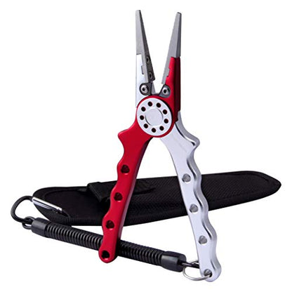 Professional Saltwater/Fresh Water Aluminum Fishing Pliers Tungsten Carbide Cutters Hook Remover with Sheath and Lanyard - color: Red
