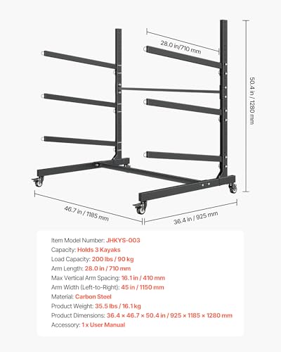 VEVOR Kayak Storage Rack, Heavy Duty Adjustable Freestanding Stand with Lockable Wheels for Indoor Outdoor Garage Shed Dock, Holder for Canoe, SUP, Surfboard & Paddleboard - style: Stand-3 Kayaks-black