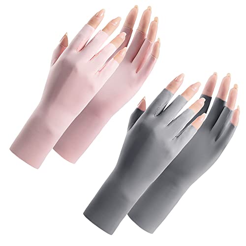 Women Fingerless Gloves Summer UV Protection Gloves Cool Ice Silky Sun Block Driving Unisex - color: Pink+grey