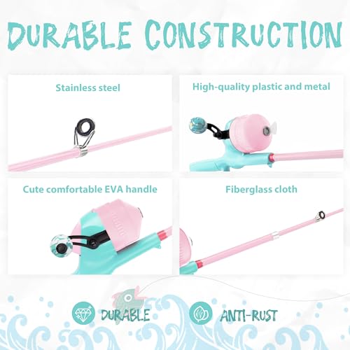 Kids Fishing Pole, Telescopic Fishing Rod, Toddler Collapsible Fishing Rod and Reel Combo with Tackle Box, Fishing Line, Bobber, and Soft Lures for Boy, Girl, Youth, Beginner, Over 4 Years Old - color: Mint Blue & Sugar Pink