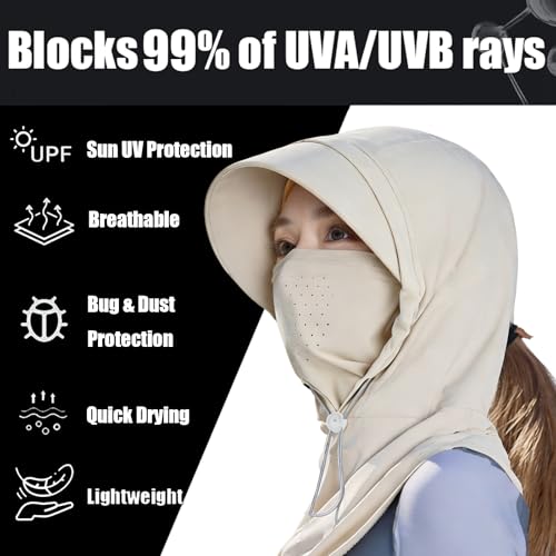 2 Pcs Cooling Breathable Balaclava Full Face Mask with Wide Brim Sun UV Protection Hood for Men Women Fishing Cycling - color: Pink+khaki