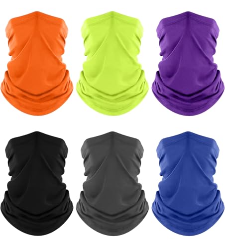 Fuinloth Neck Gaiter, 6 Pack Cooling UV Protection Bandana Face Mask Gator | Breathable Sweat Wicking, UPF 50, Sun Wind Dust Shield, Quick Dry & Washable, 95% Polyester 5% Spandex - color: Orange+neon Yellow+purple+black+gray+blue