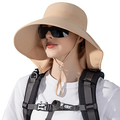 HUAMULAN Men Summer Sun Hat Women Safari Wide Brim Fishing Hats UV Protection Neck Flap Bucket Gardening Hiking Hunting Cap - color: Bg8112-kakhi