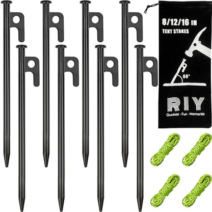 8 Pack Tent Stakes Heavy Duty Metal Tent Pegs for Camping Steel Tent Stakes 8 inch Unbreakable and Inflexible - size: 8 IN