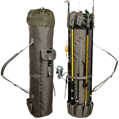 DONQL Fishing Rod Bags, Outdoor Fishing Pole Case, Multifunction Camping Portable Travel Carry Cases Backpack, Fishings Rod and Reel Case Holds 5 Poles & Rig Tackles, Fishings Gift for Men - color: Khaki