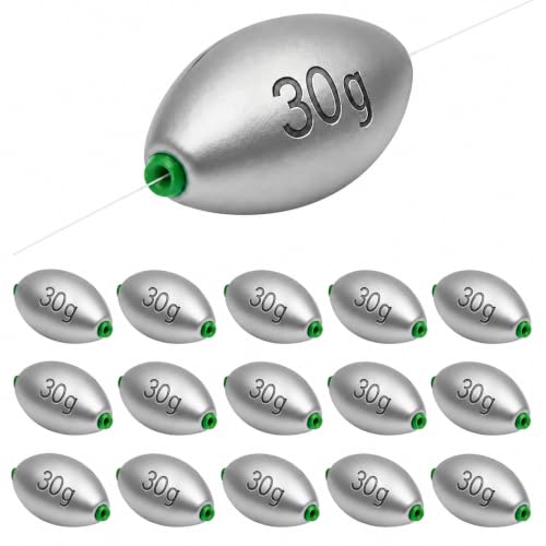 Egg Sinkers Fishing Weights, Oval Slip Sinkers Bullet Lead Fishing Weights for Freshwater Saltwater Tackle Set 1/8oz to 1oz - color: 1oz-30g-15pcs
