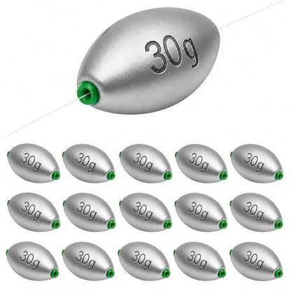 Egg Sinkers Fishing Weights, Oval Slip Sinkers Bullet Lead Fishing Weights for Freshwater Saltwater Tackle Set 1/8oz to 1oz - color: 1oz-30g-15pcs