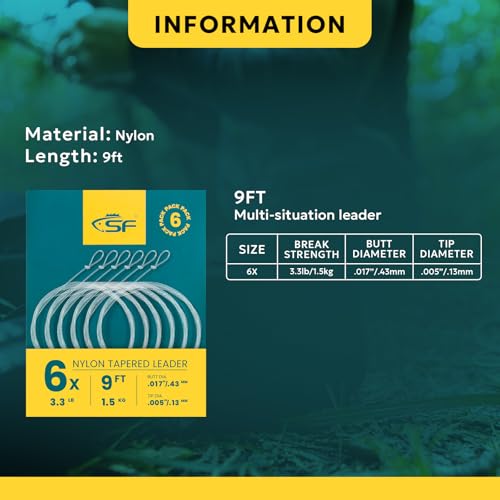 SF Pre-Tied Loop Fly Fishing Tapered Leader Nylon Clear Trout Freshwater Saltwater Bonefish Permit Bass Salmon Steelhead 7.5FT 9FT 10FT 12FT 15FT 0X 1X 2X 3X 4X 5X 6X 7X - size: 9FT-6X, style: Freshwater Knotted/Spools 6-pack